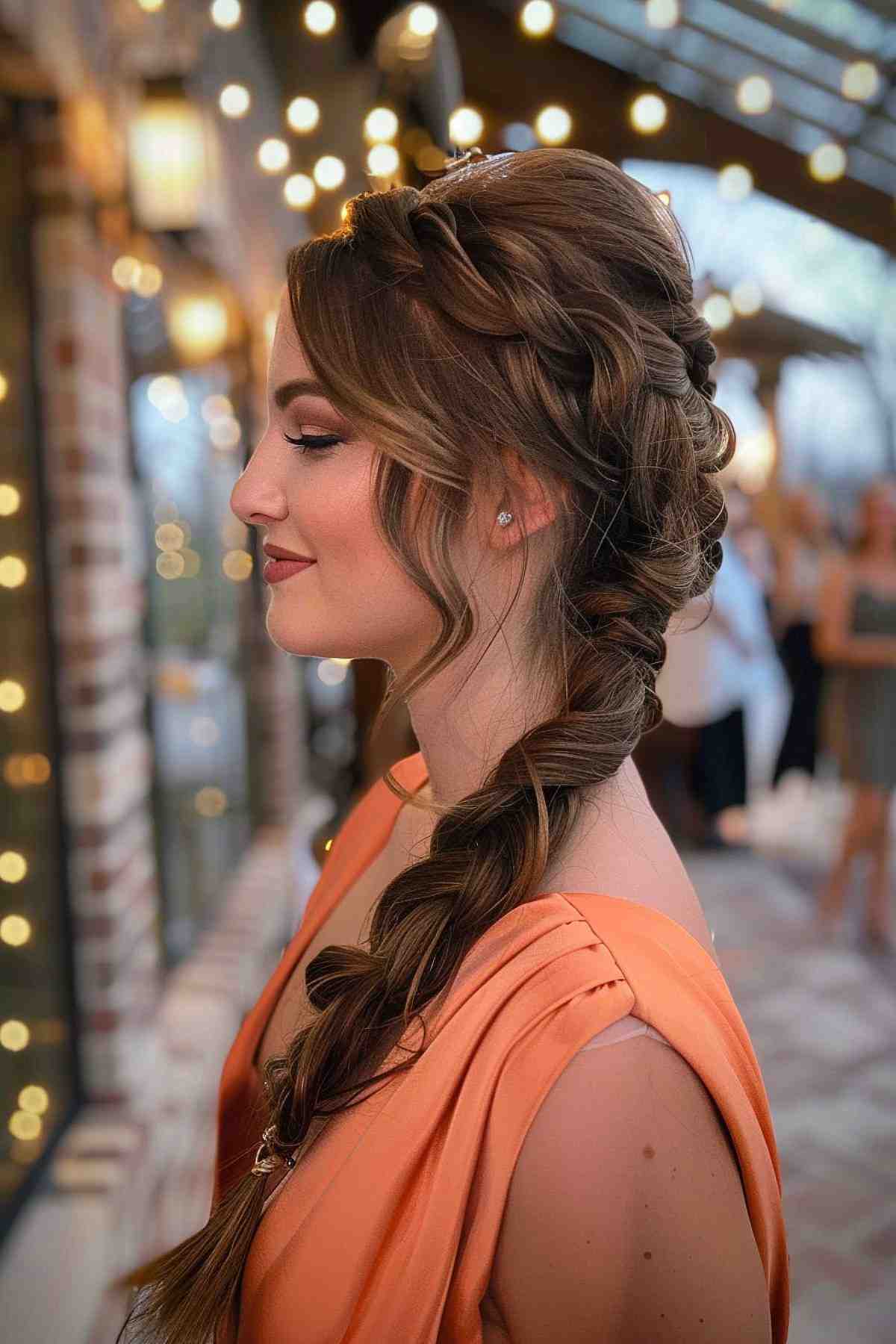 Crown and side braid for a romantic gala hairstyle.