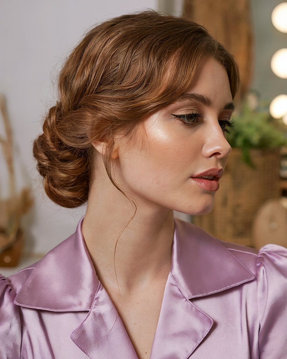 Romantic French twist for short blonde hair with curtain bangs
