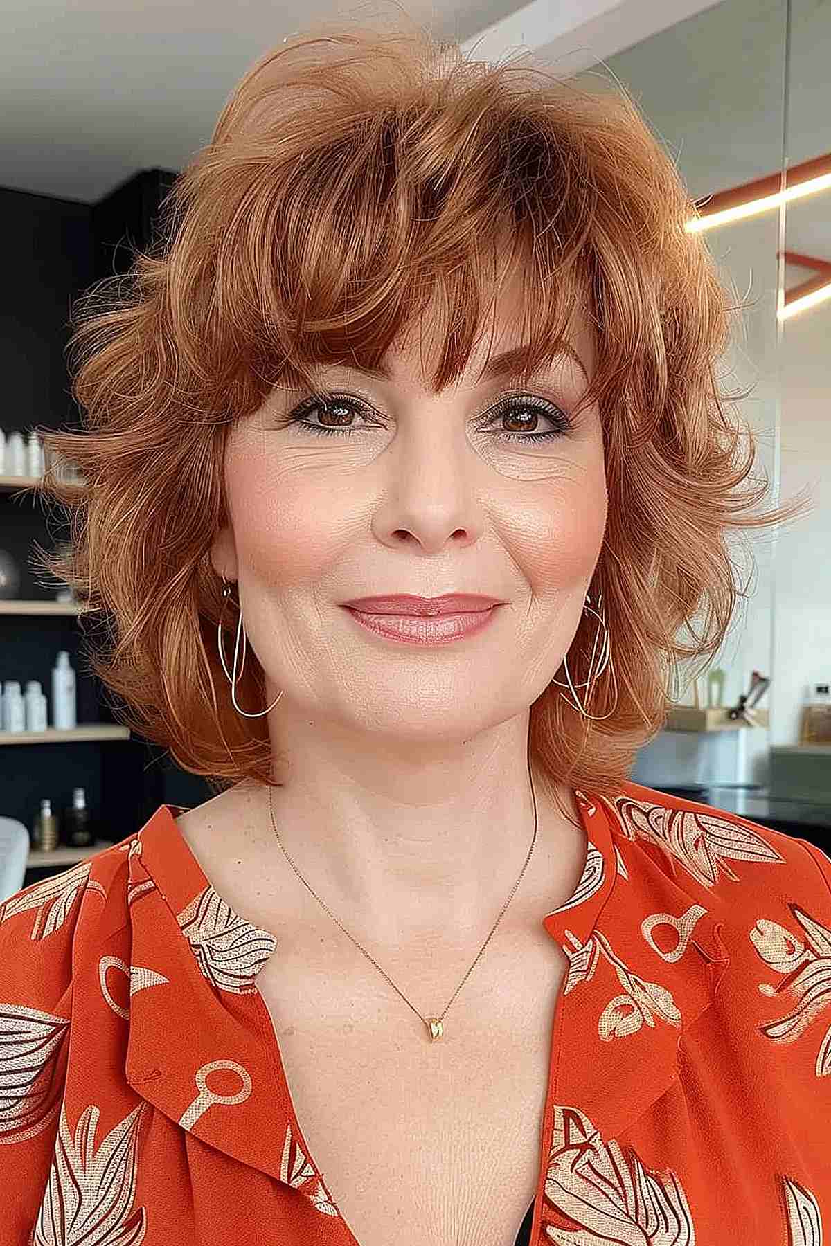 Rounded bob with wispy bangs for over 40