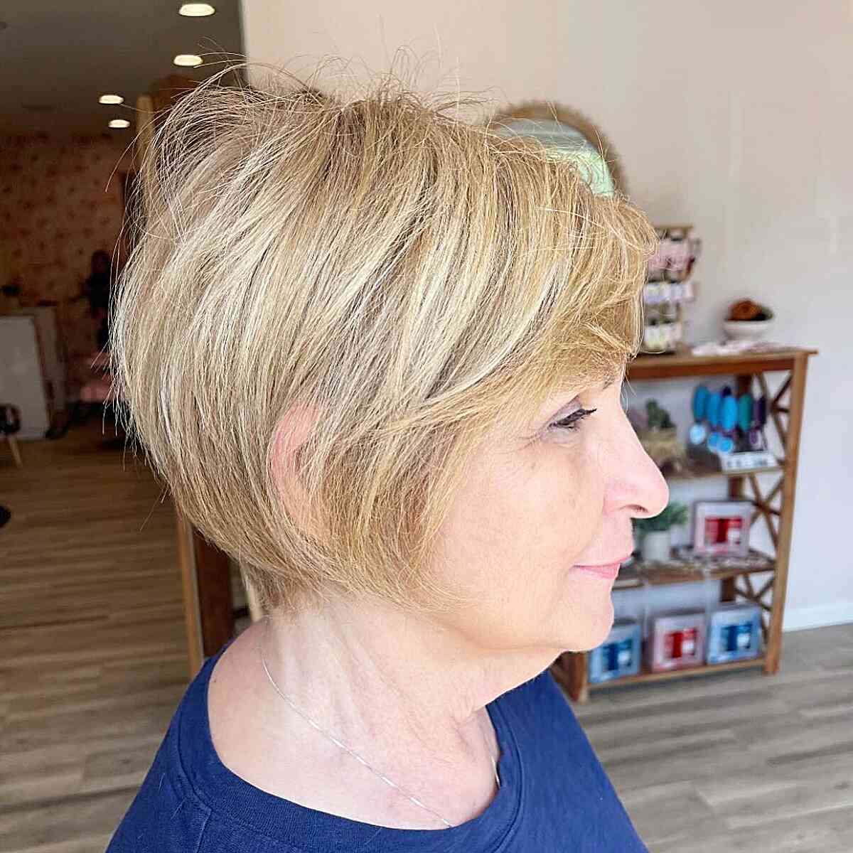 Golden Blonde Rounded Pixie Bob with Wispy Layers for Older Women Over Seventy