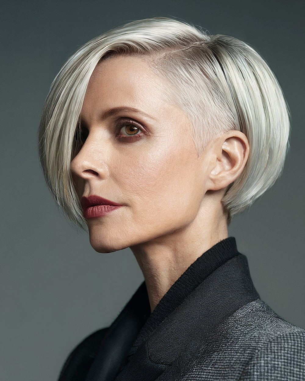 Platinum sculptibob pixie haircut with shaved side and angled length for women over 40