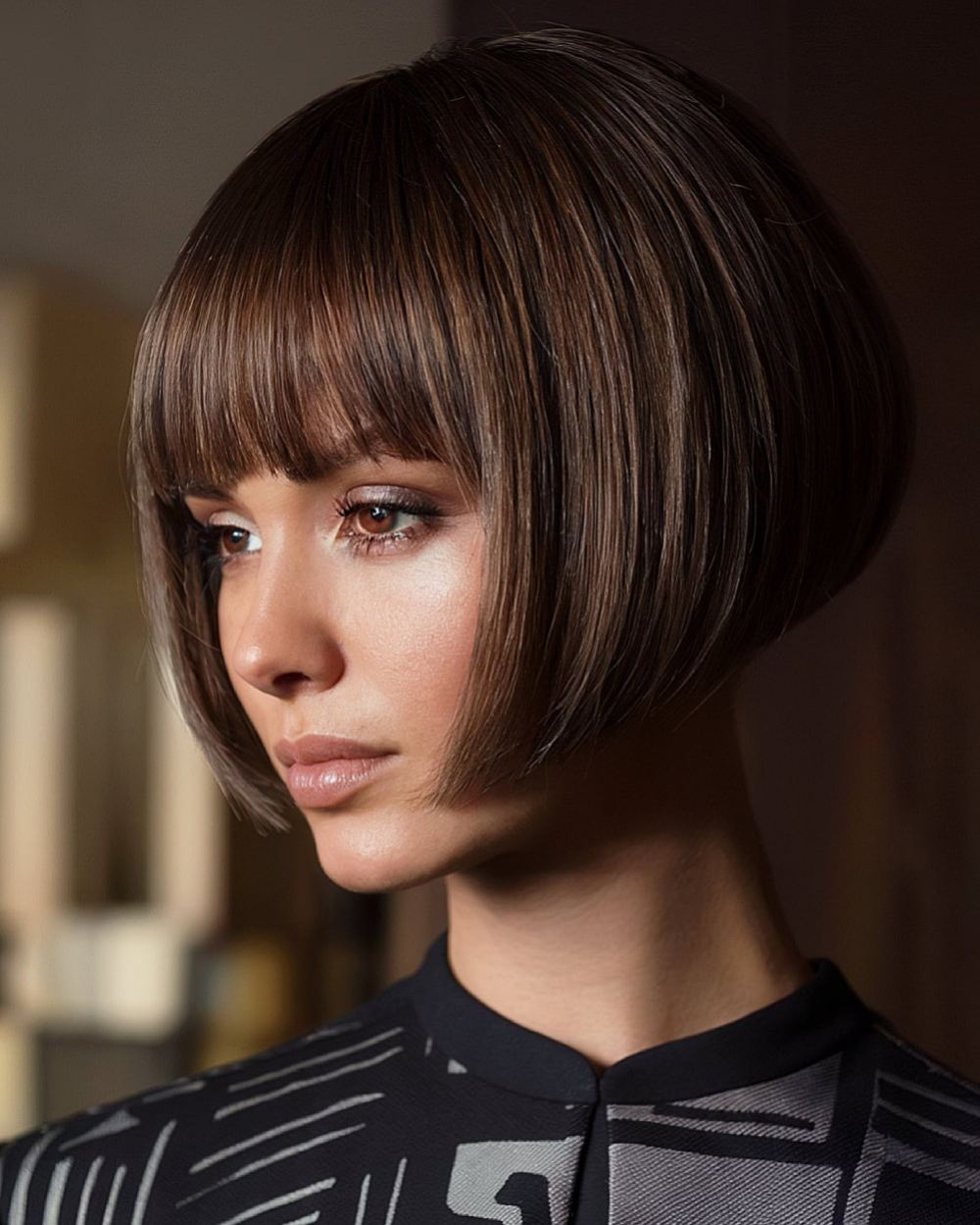 Rounded pinch bob with full fringe and sculpted edge detailing for sleek dark hair