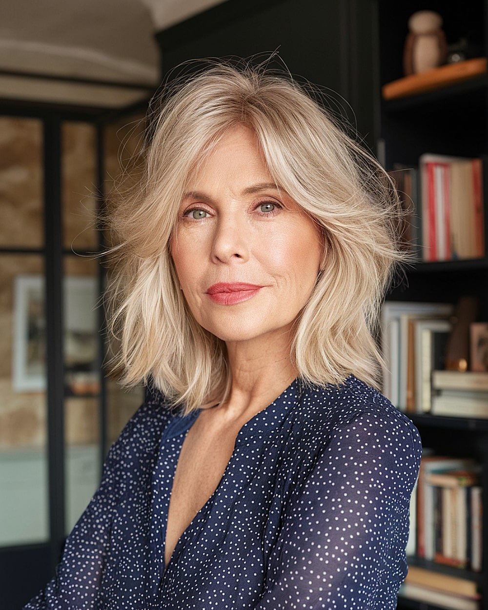 Medium-length shaggy bob haircut with feathered ends and side part for mature women