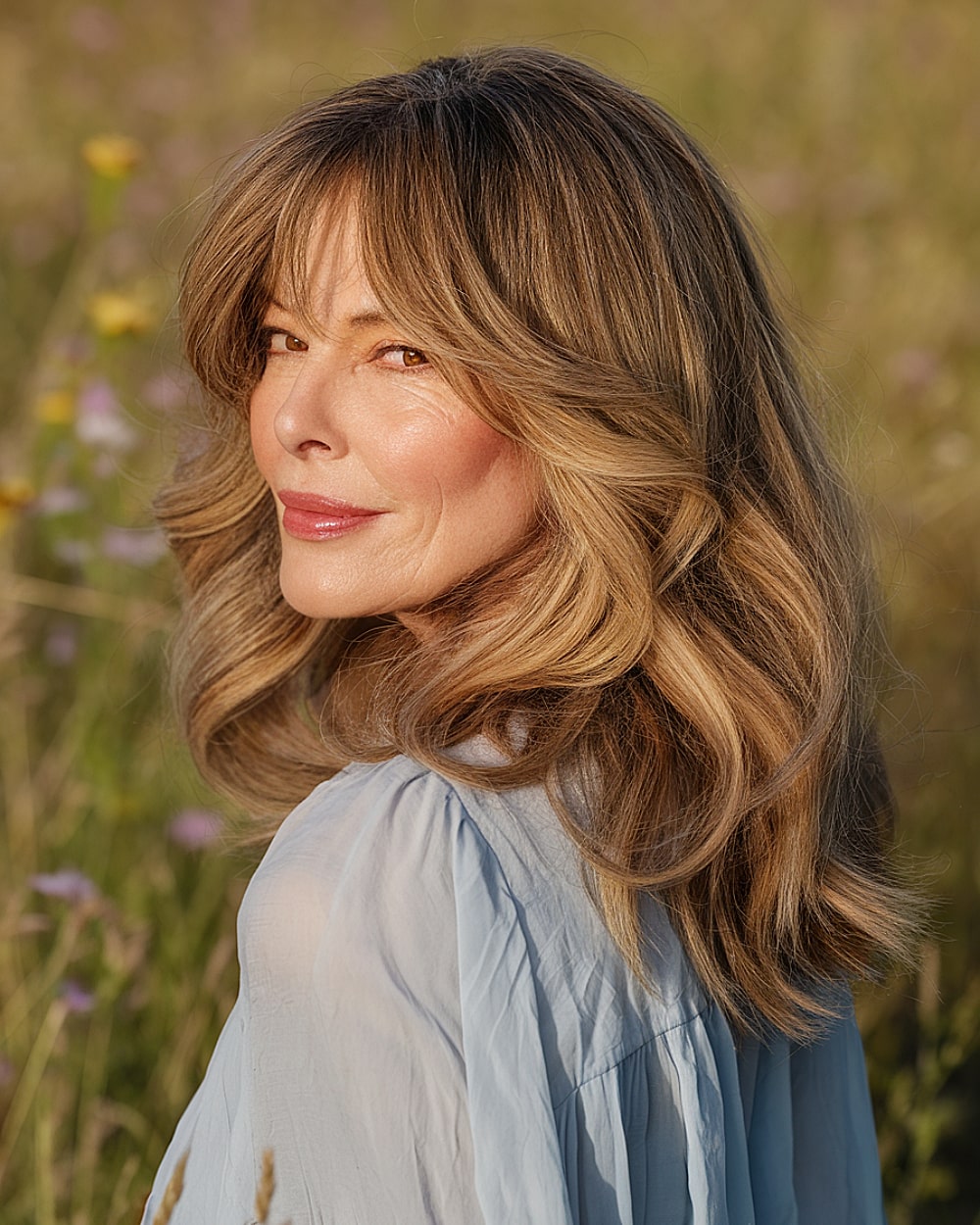 Long butterfly shag haircut with soft face-framing layers and curtain bangs for mature women