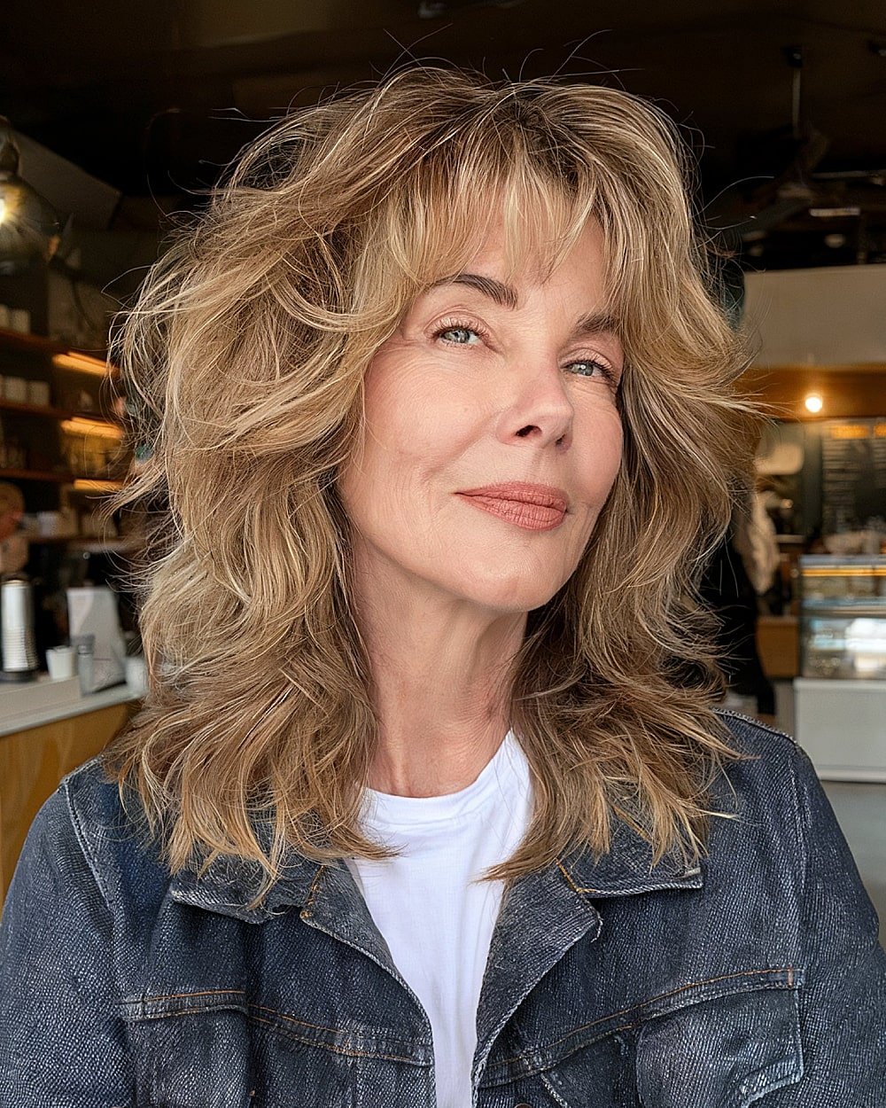 Mid-length shag haircut with voluminous layers and curtain bangs for a youthful look in women over 50