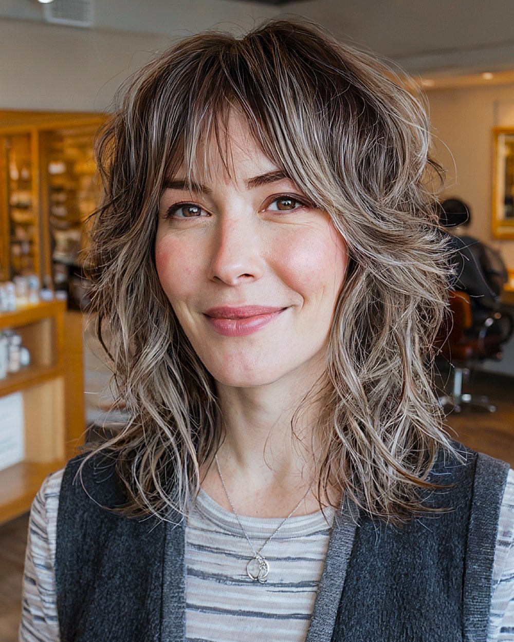 Medium shag haircut with tousled layers and textured fringe for an alternative layered look