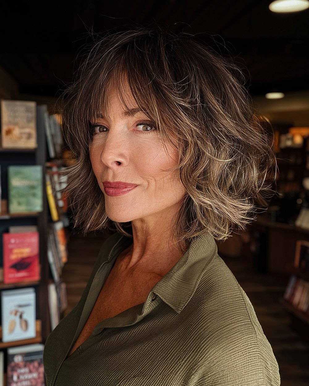 Textured shaggy lob with dimensional layers and subtle highlights for older women
