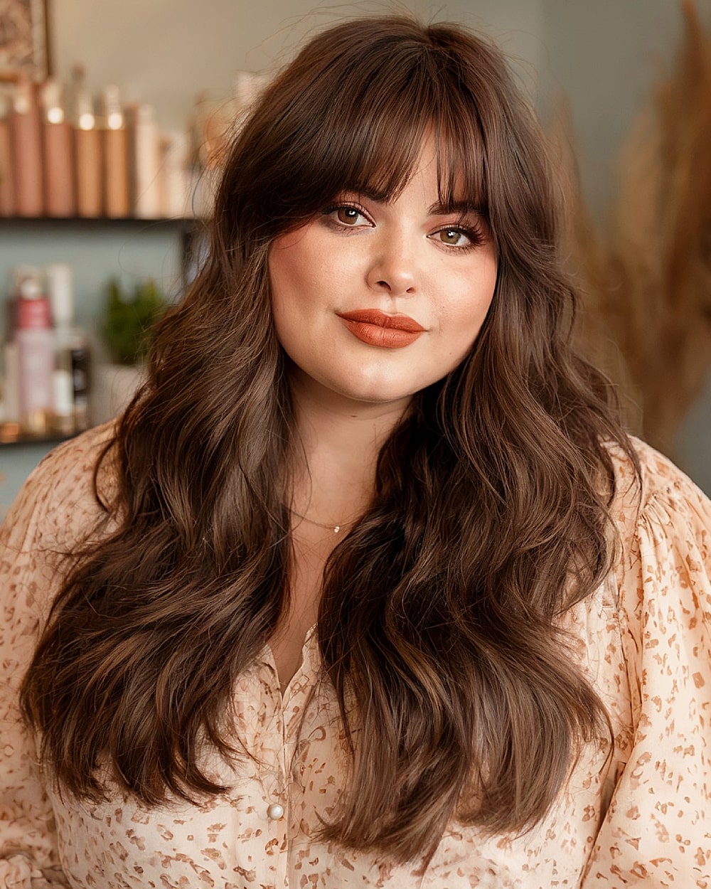 Shaggy long haircut with curtain bangs adding movement to round face shapes