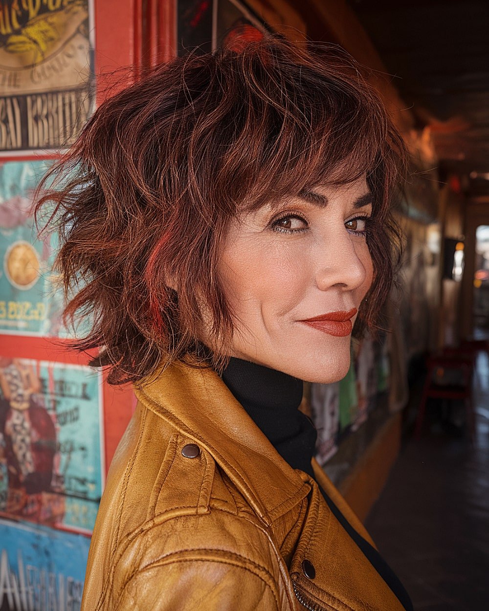 Textured shaggy mullet haircut with layers and fringe for edgy women over 50