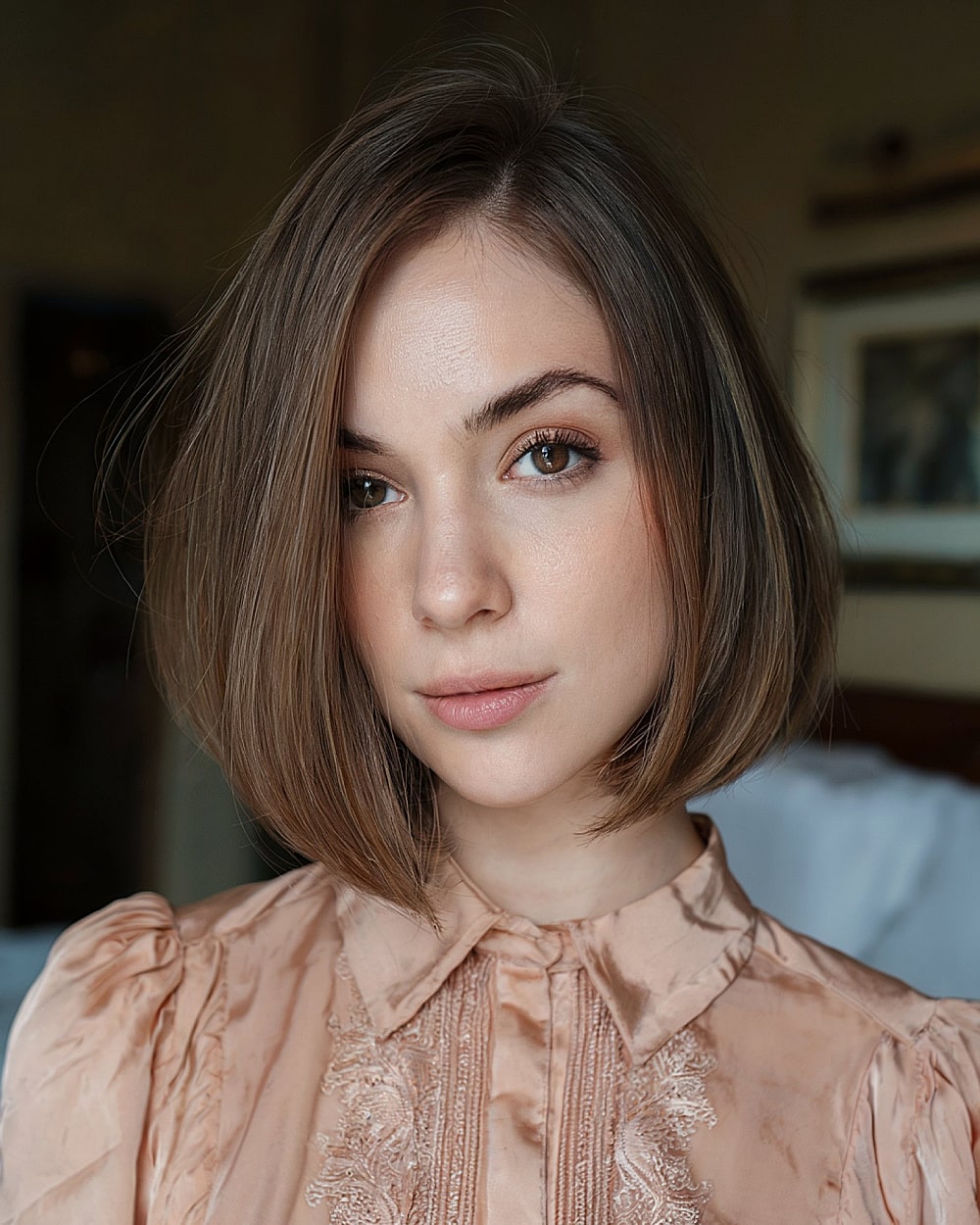 Smooth angled pinch bob with deep side part and feathered finish on sleek straight hair