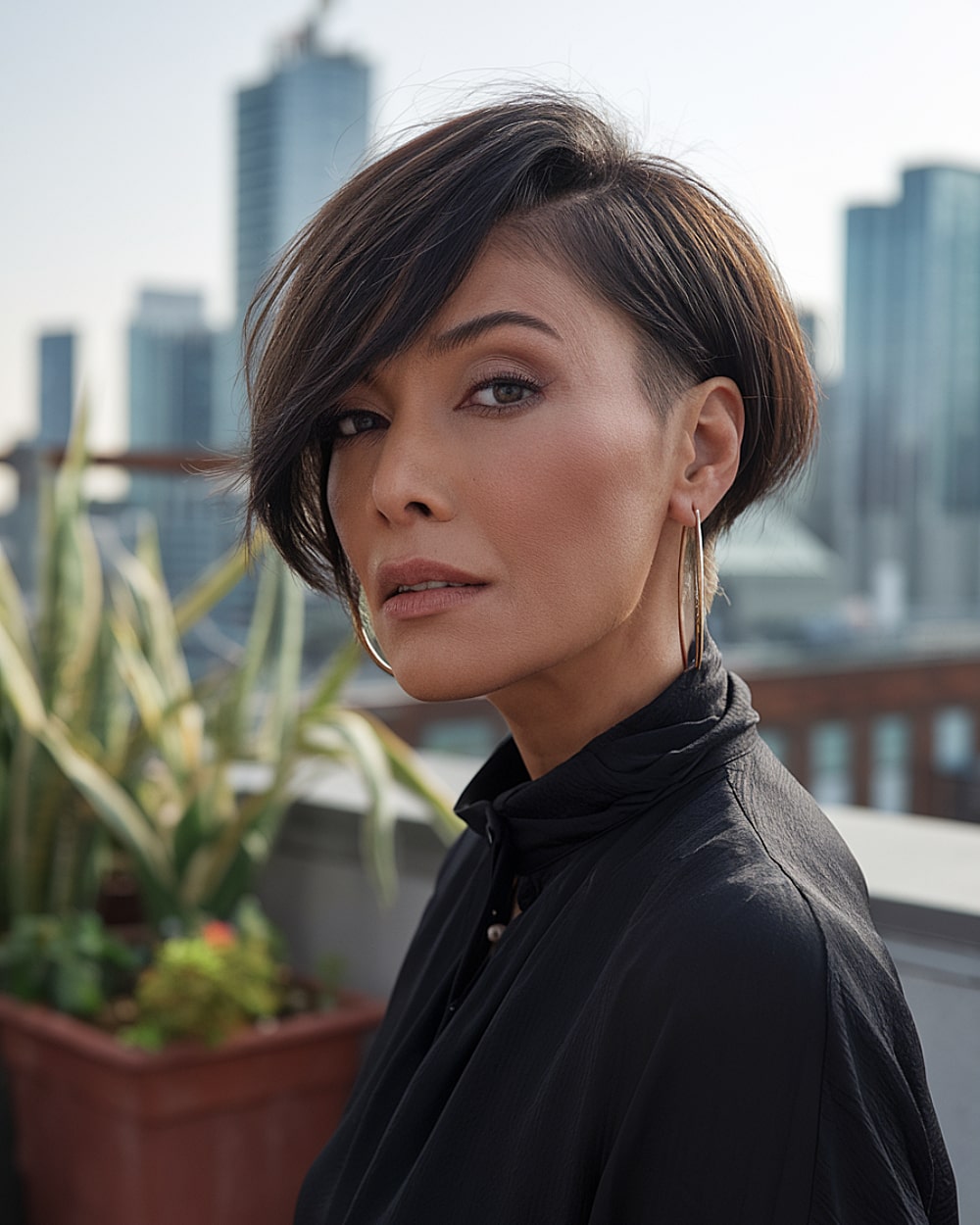 Undercut pixie bob with sharp side-swept bangs and clean nape for women over 40