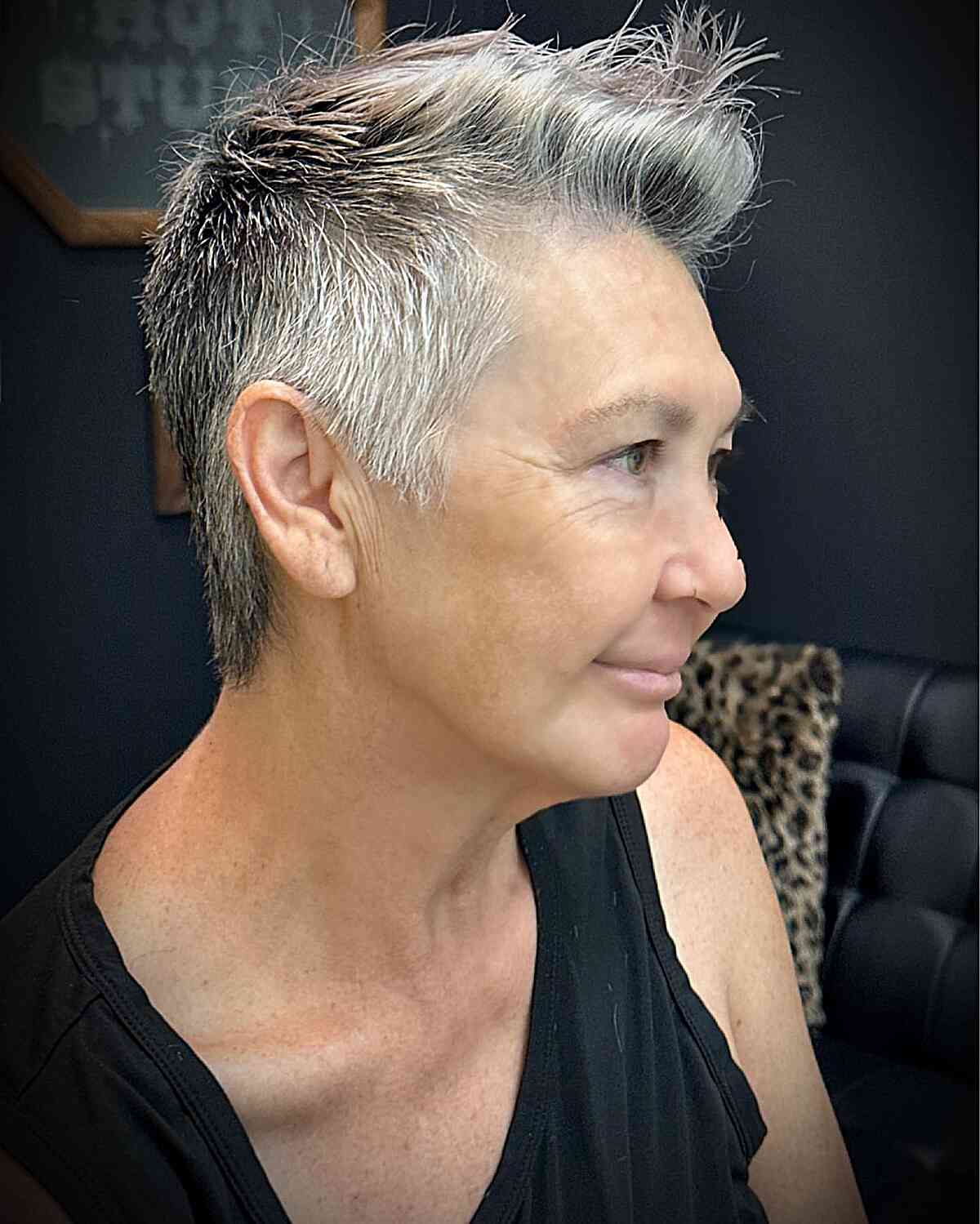 Short Ashy Silver Faux Hawk for Old Women with Grey Hair