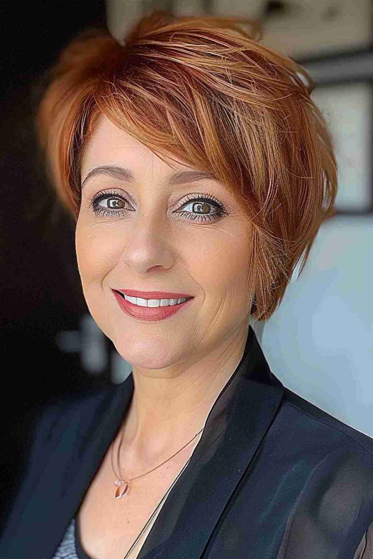 Chic bob with a deep side part giving an asymmetric short look to copper-colored hair, ideal for women over 40