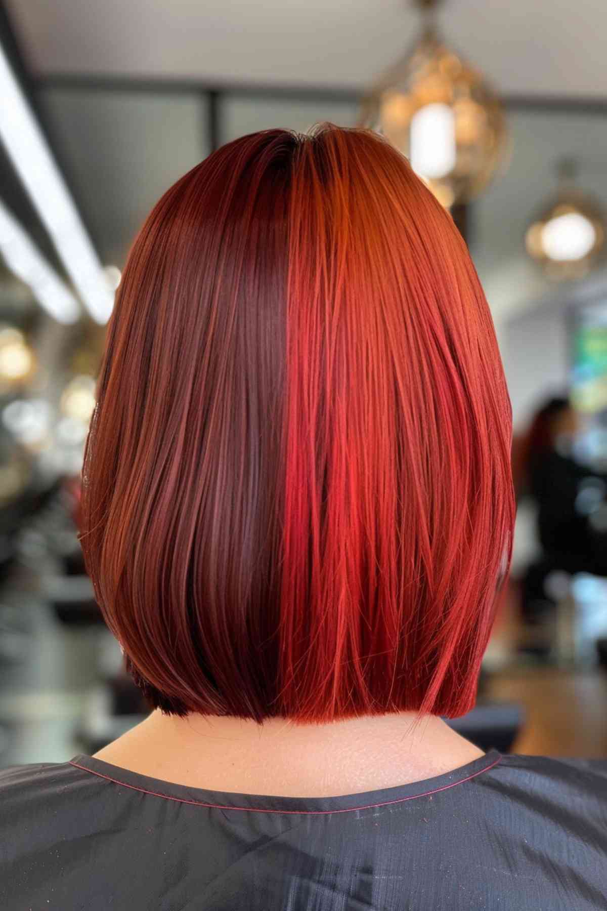 Short bob with a dynamic blend of crimson and auburn, perfect for low maintenance but high impact.