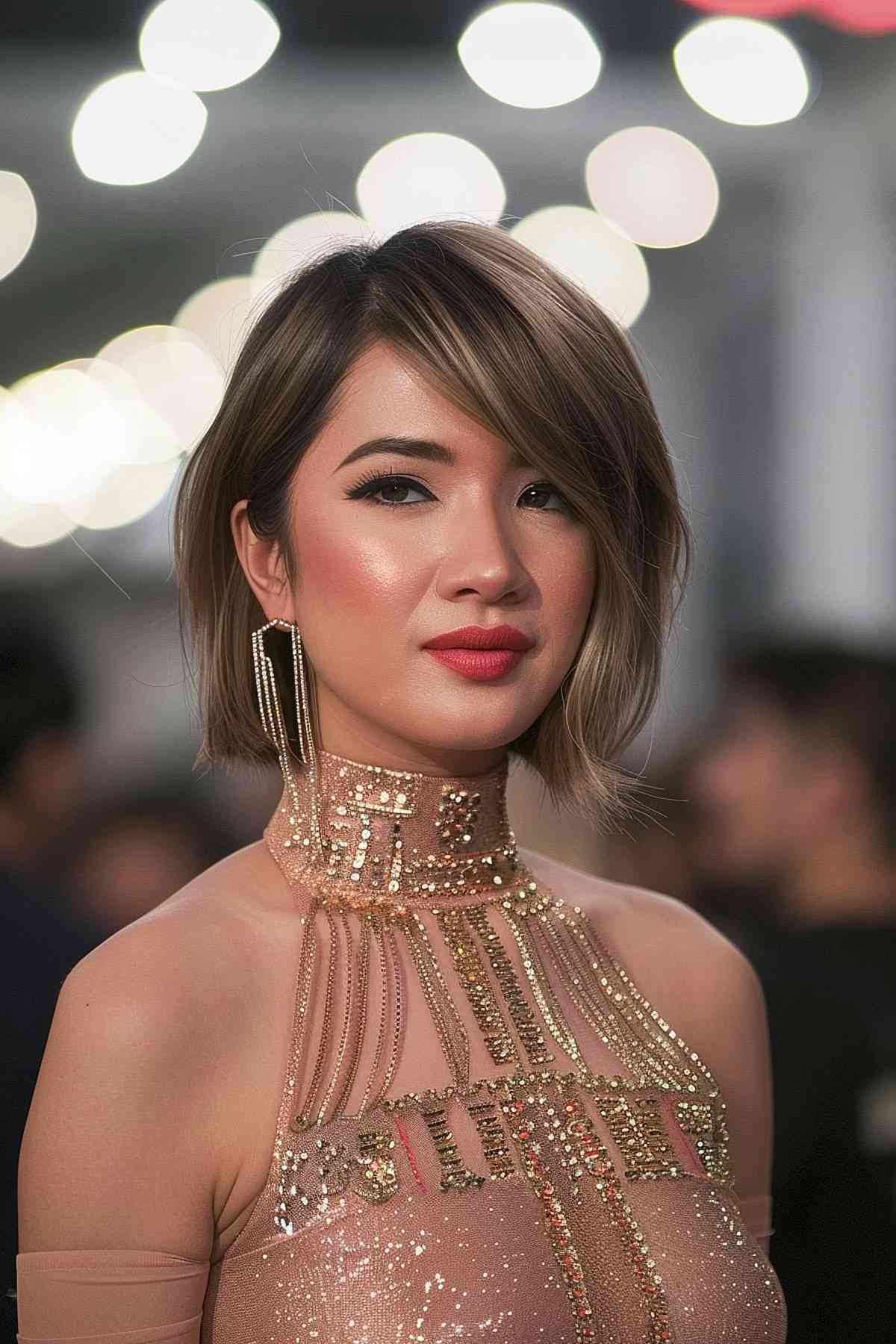 Woman with a modern short bob and side-swept fringe for gala event elegance.