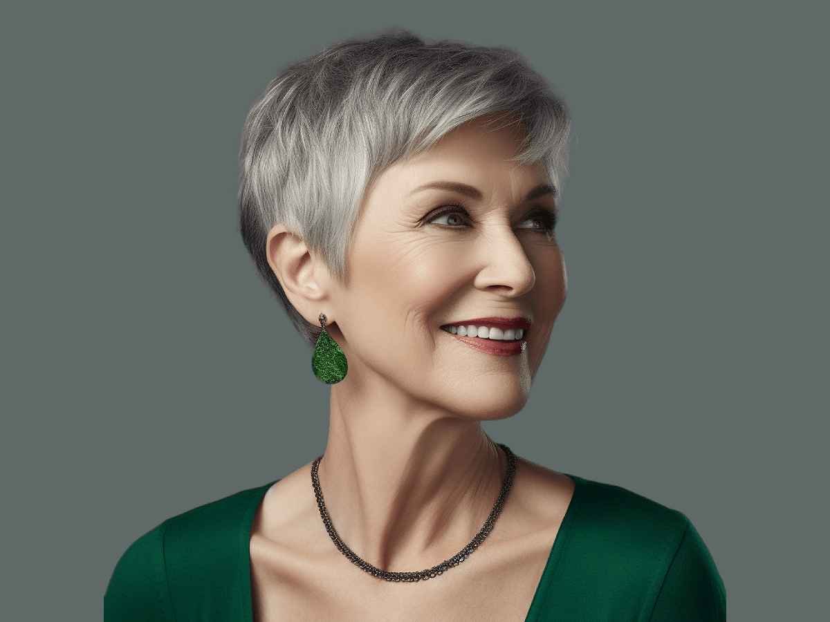 Image of Short tousled shag haircut with deep side part for women over 60