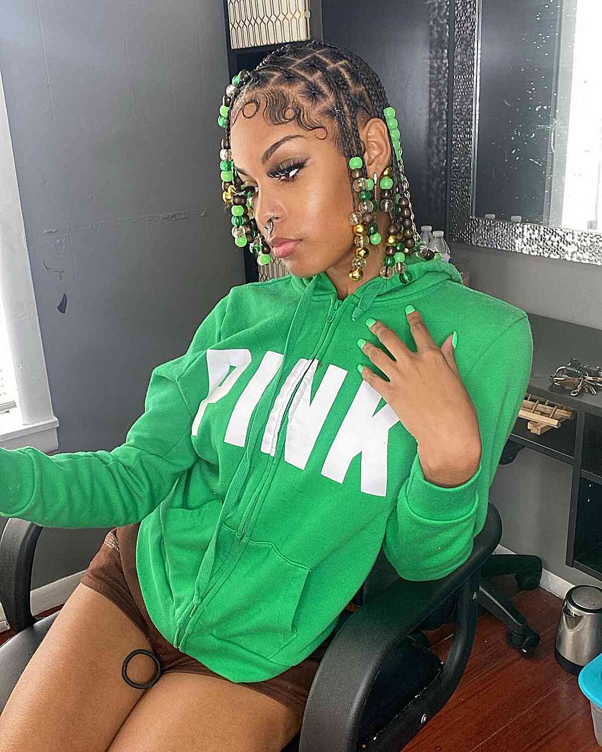 Short Knotless Box Braided Bob with Green Beads and Sleek Edges