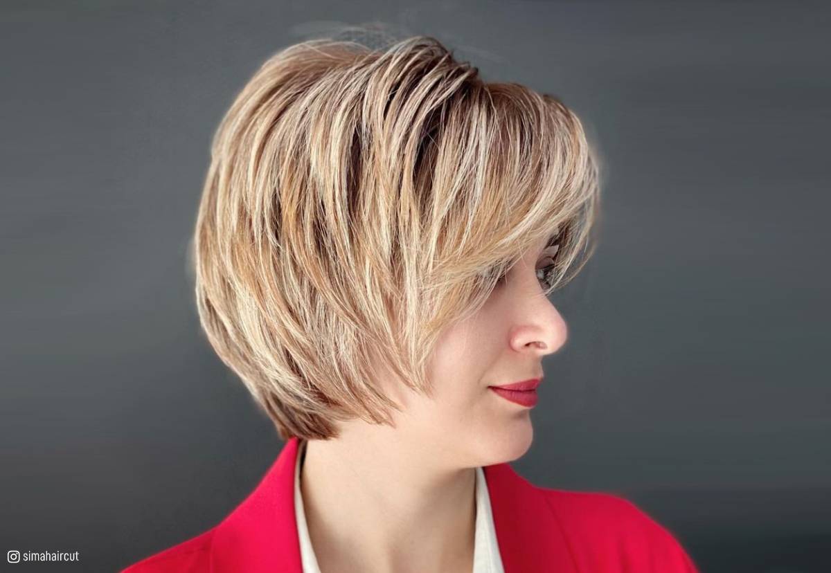 Image of Shaggy short layered bob with side-swept bangs