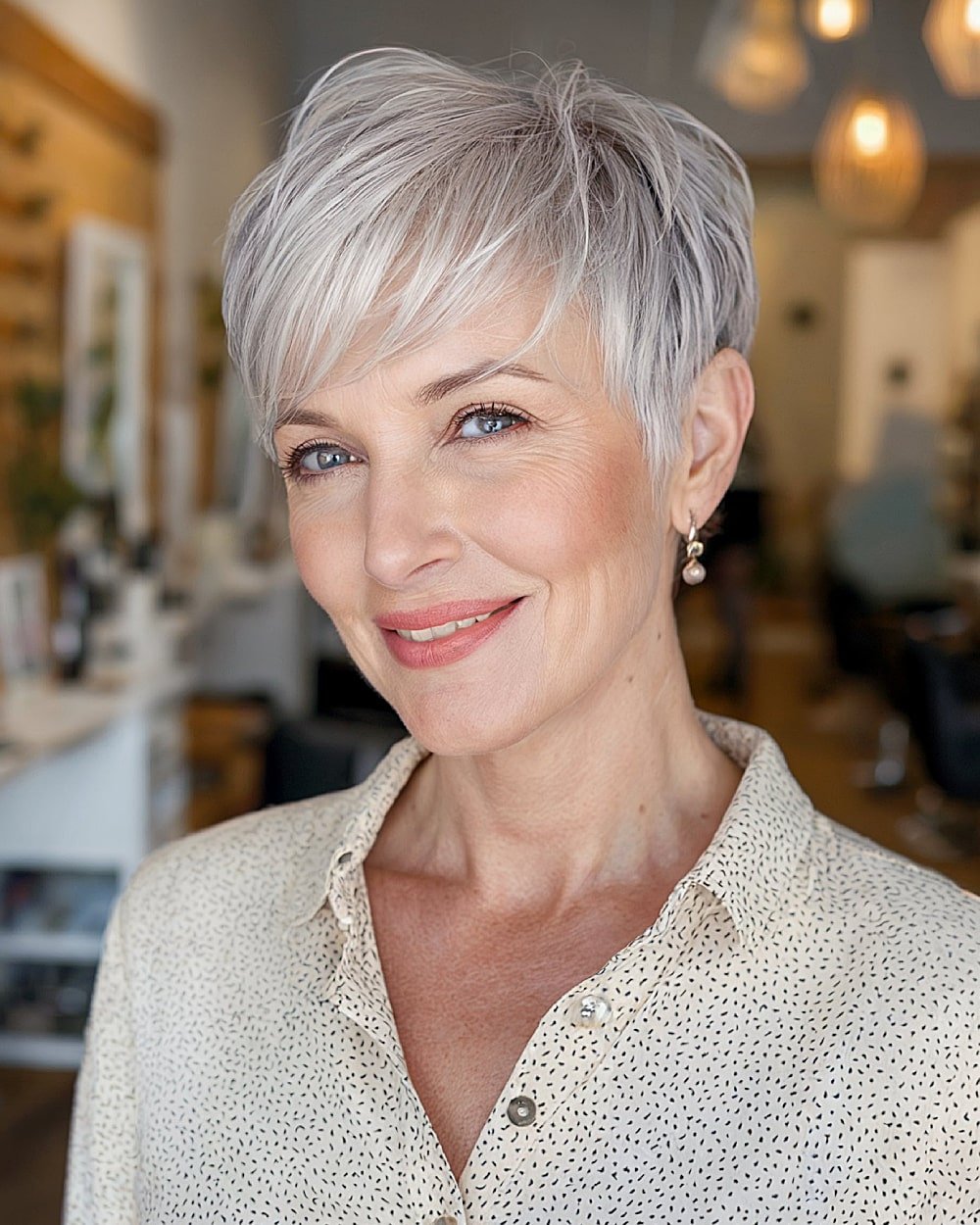 Short pixie cut with layers and side-swept bangs in silver-gray for an alt cropped style
