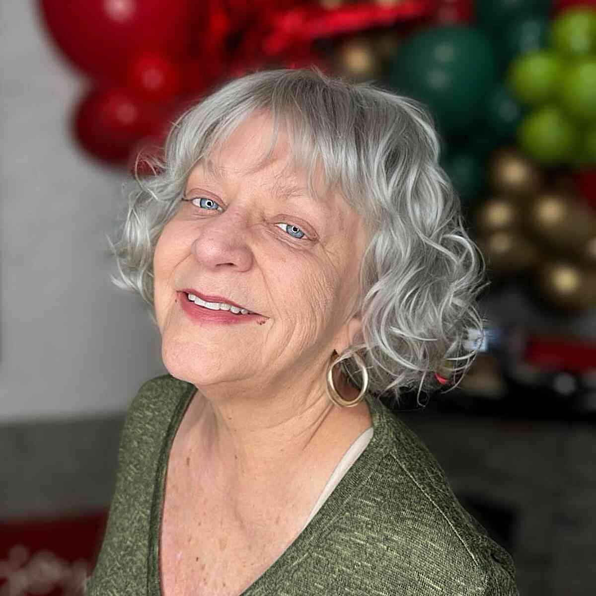 Short-Length Silver Bob with Soft Curls for Older Women