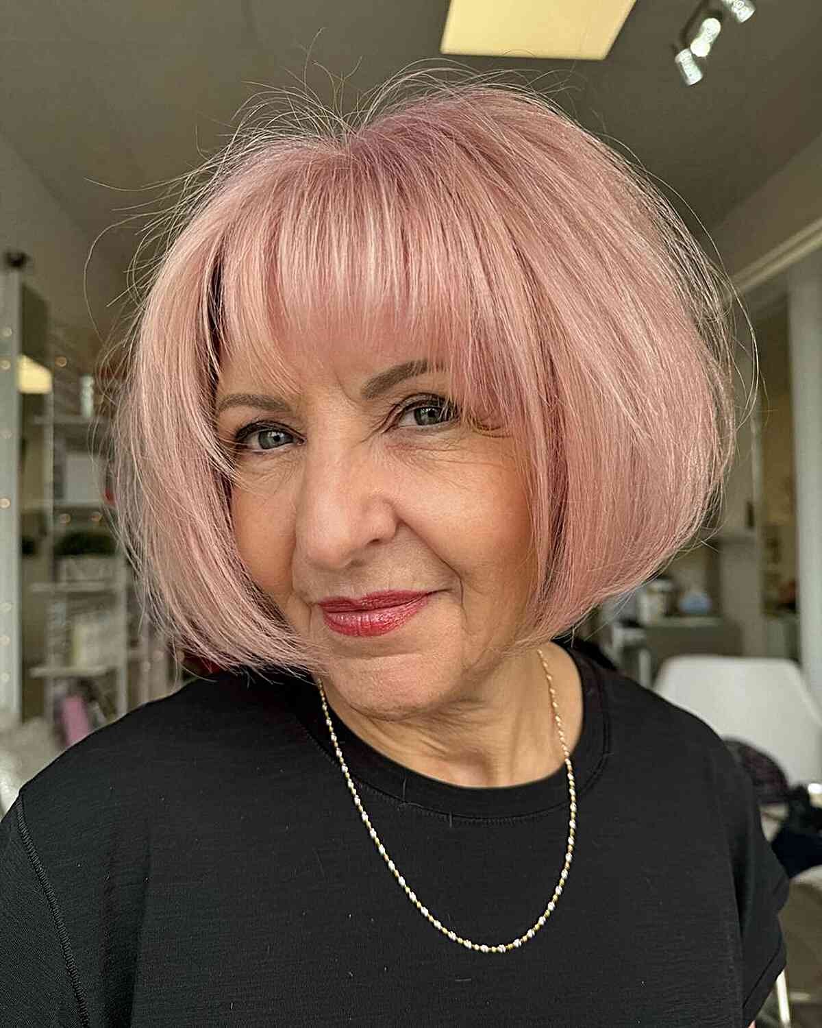 Short Pink Rounded Thick Bob with Soft Bangs for Women Aged 60 and Up