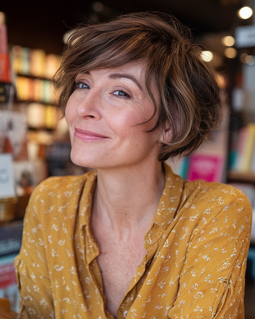 Soft short pixie bob with side fringe and subtle warm highlights for women over 40