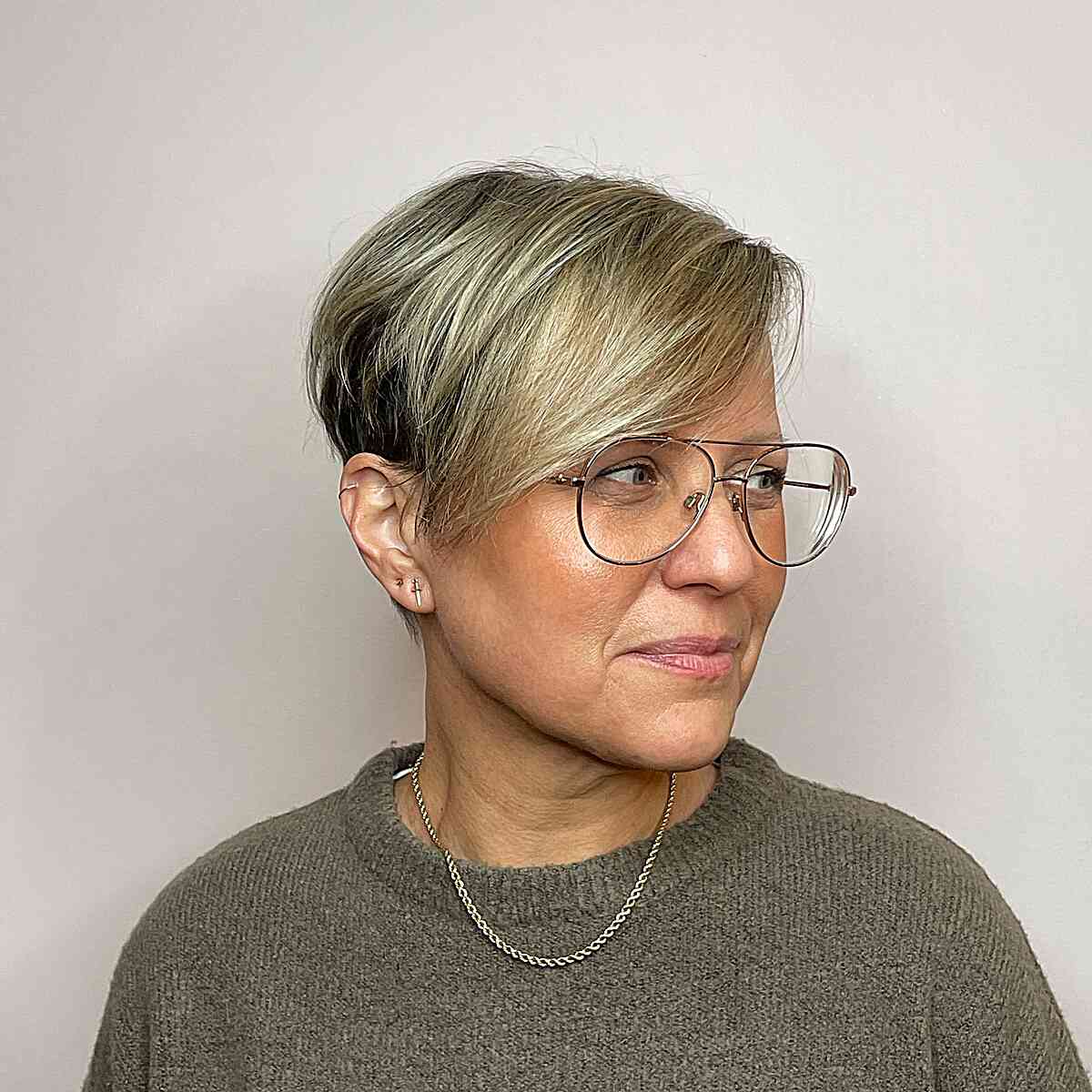 Short Pixie with Side Bangs for Ladies Over Fifty with Specs