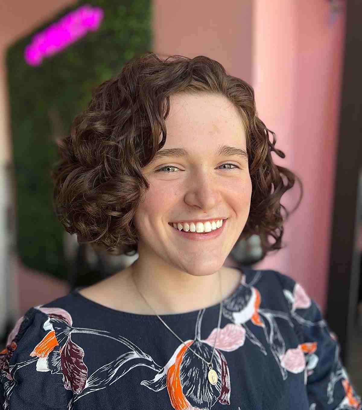 Short Side Part Brunette Curly Hair
