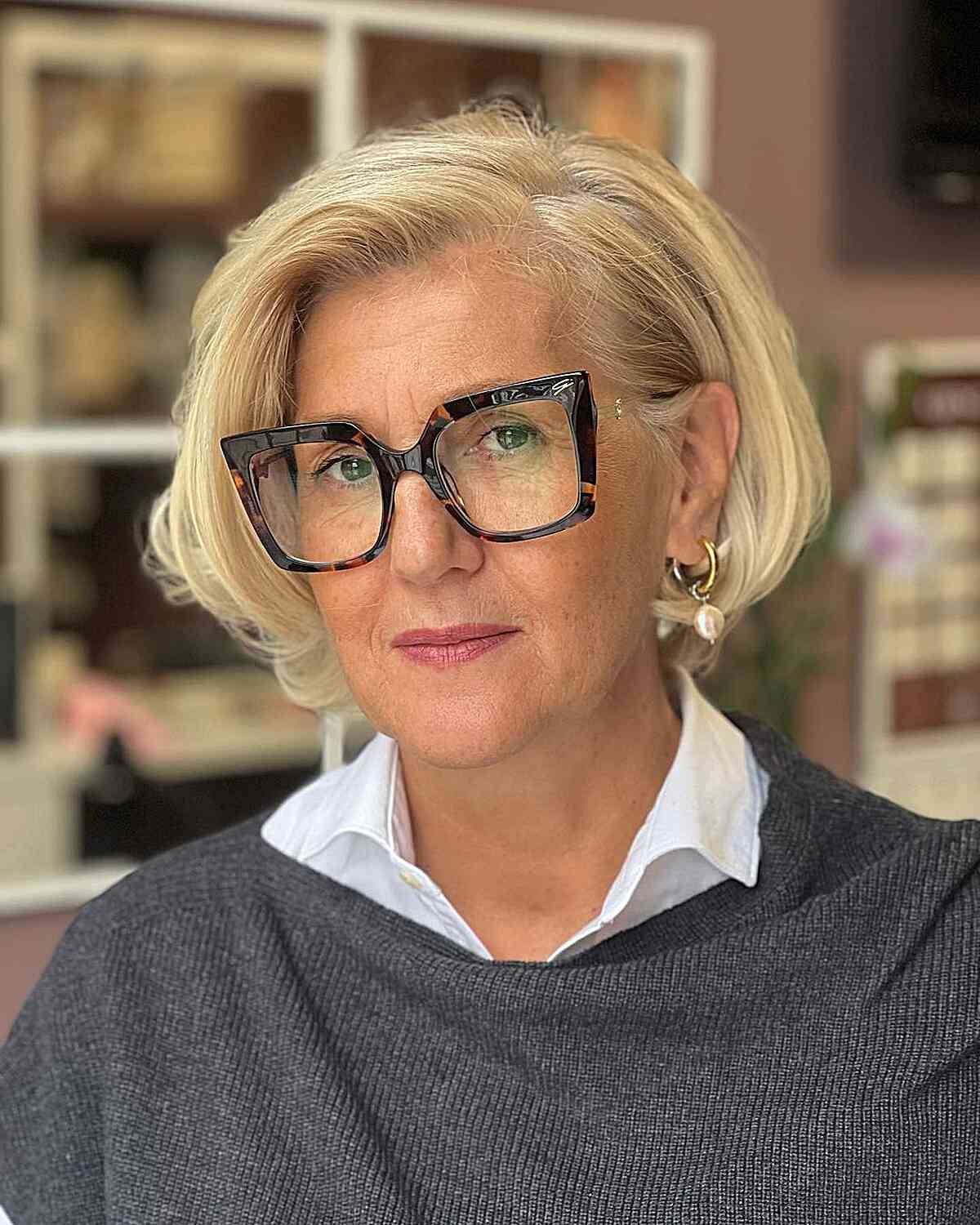 Short Side-Swept Layered Bob for Women Over 60 with Coarser Hair and Specs