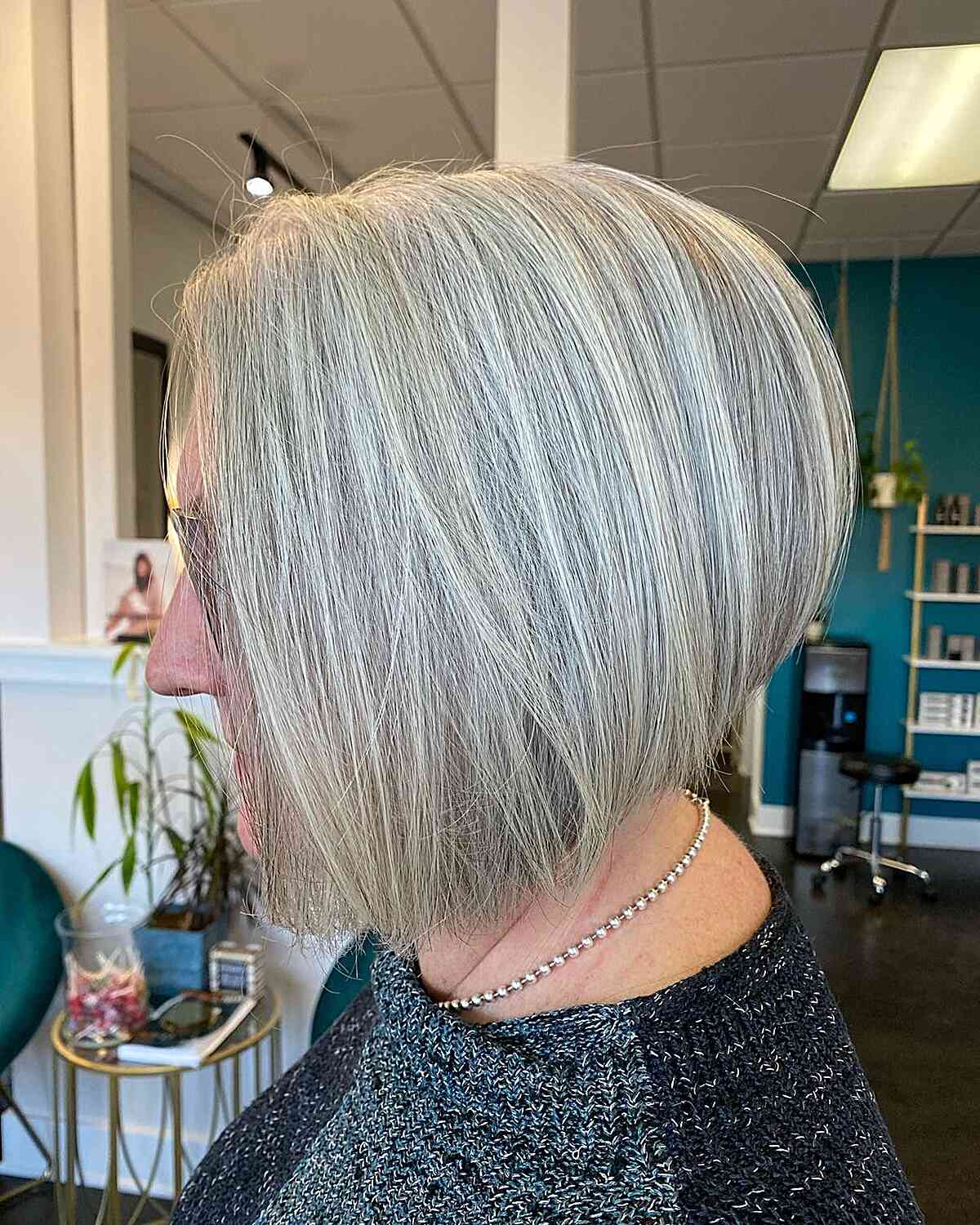 Short Silver A-Line Bob with Natural Gray Strands on Older Women