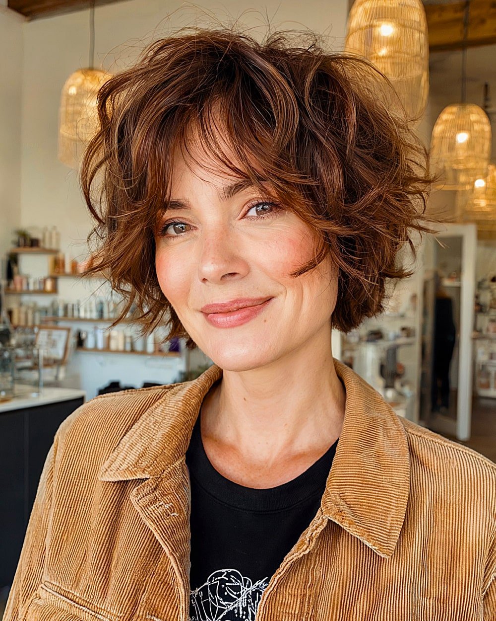 Short layered haircut with tousled texture and fringe for added volume and alternative style
