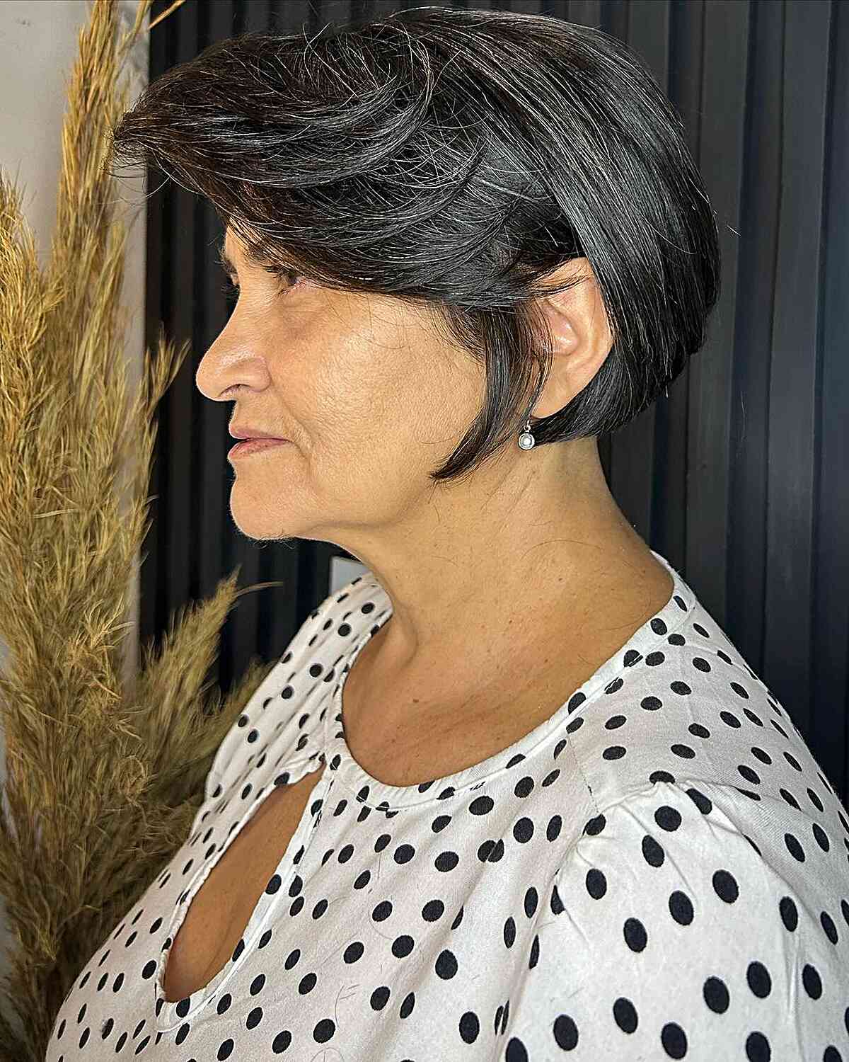 Short-Length Voluminous Wedge Bob with Layered Bangs for thick hair over 60