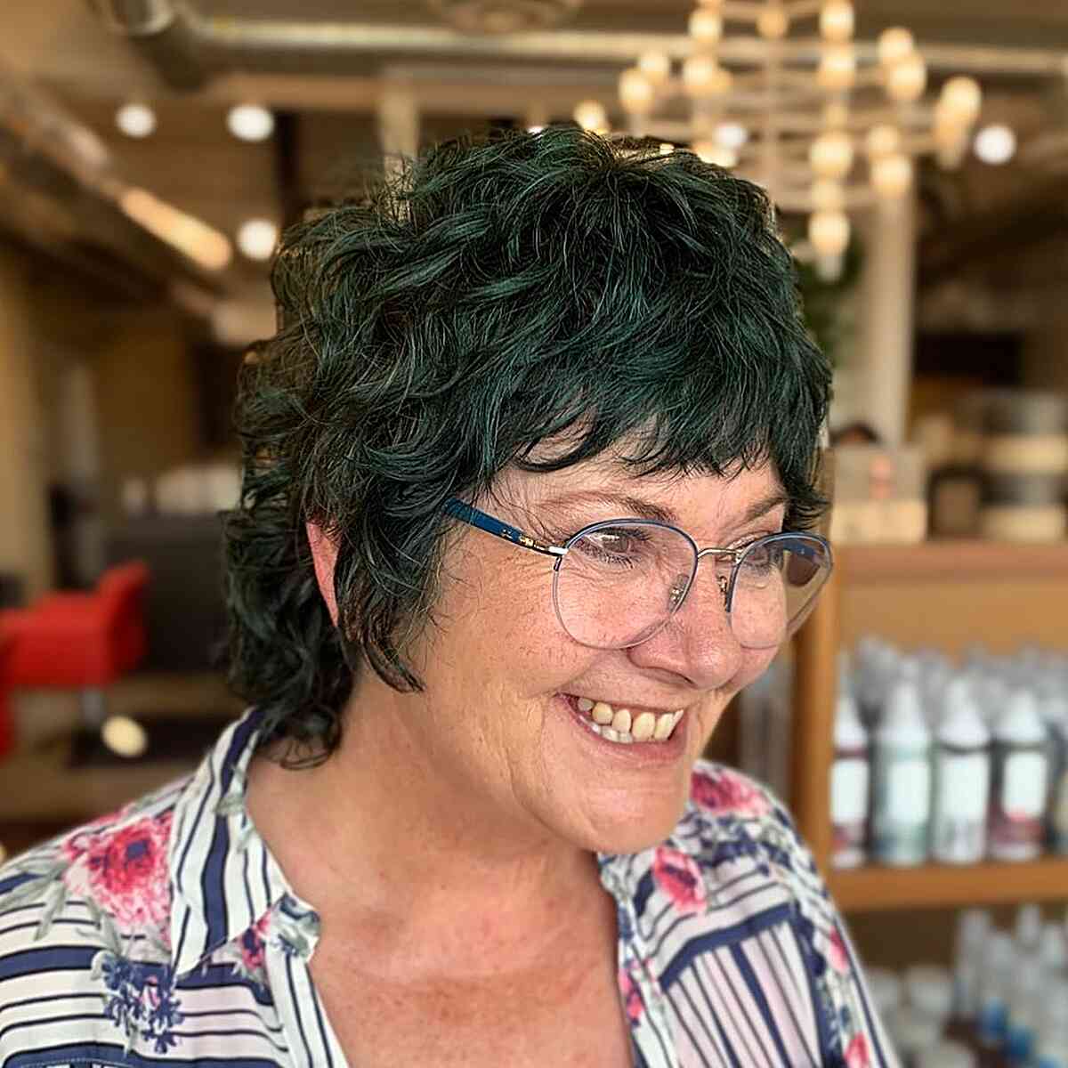 Short Wavy Mullet with Bangs for Women Aged 50 with Glasses