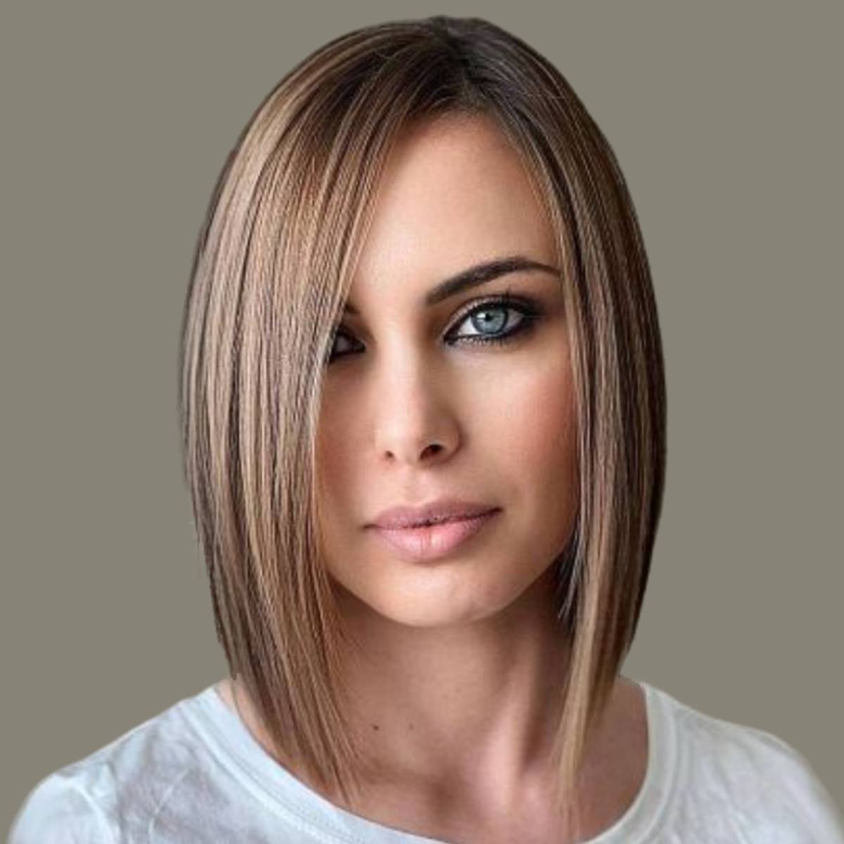 Image of Asymmetrical blunt cut thin hair shoulder length