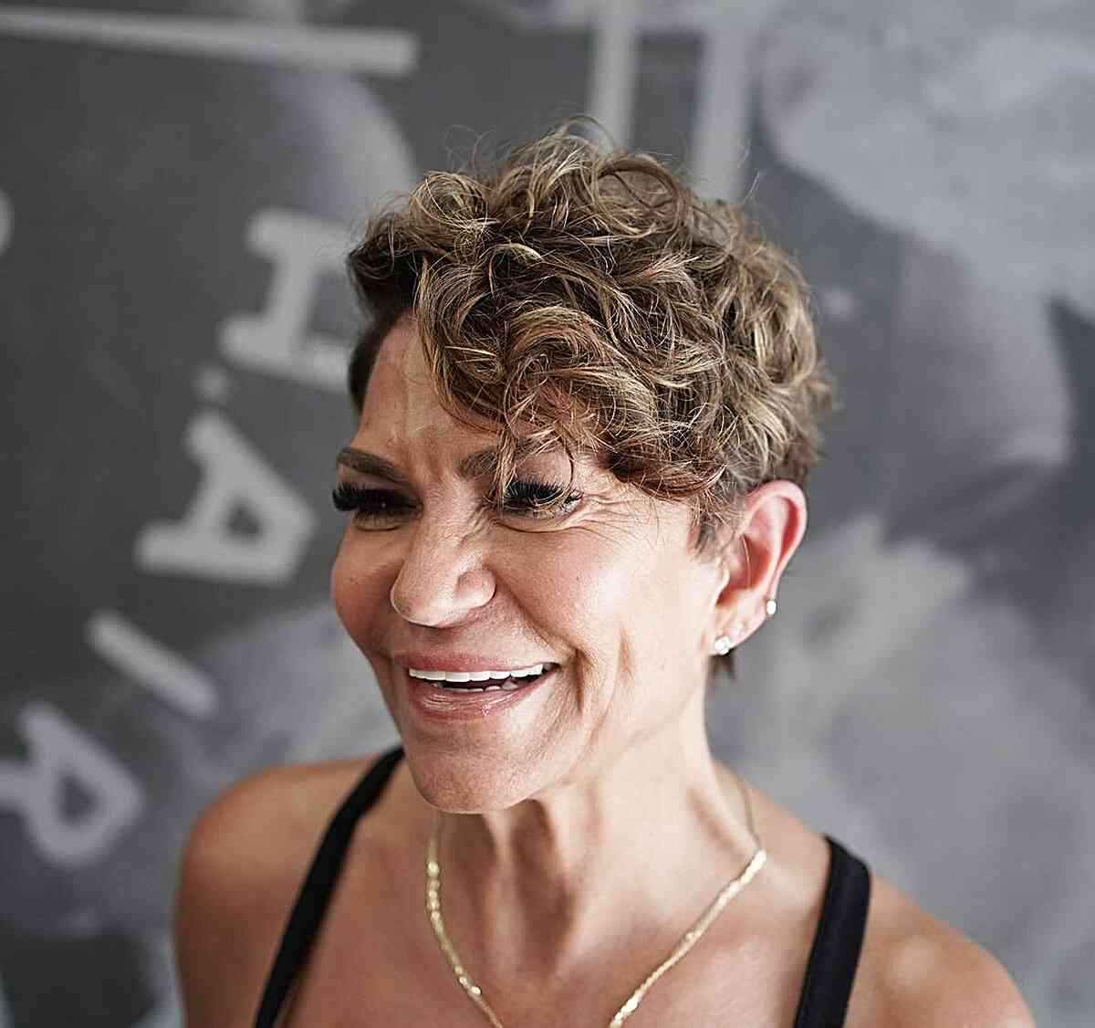 Side Part Pixie Crop with Curly Bangs for older women over 50