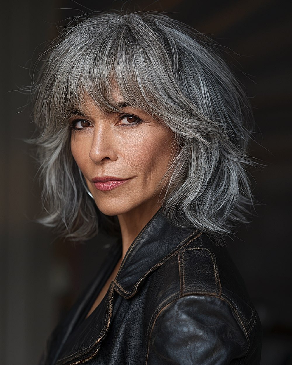 Silver shag haircut with full fringe and textured ends for stylish gray-haired women over 50
