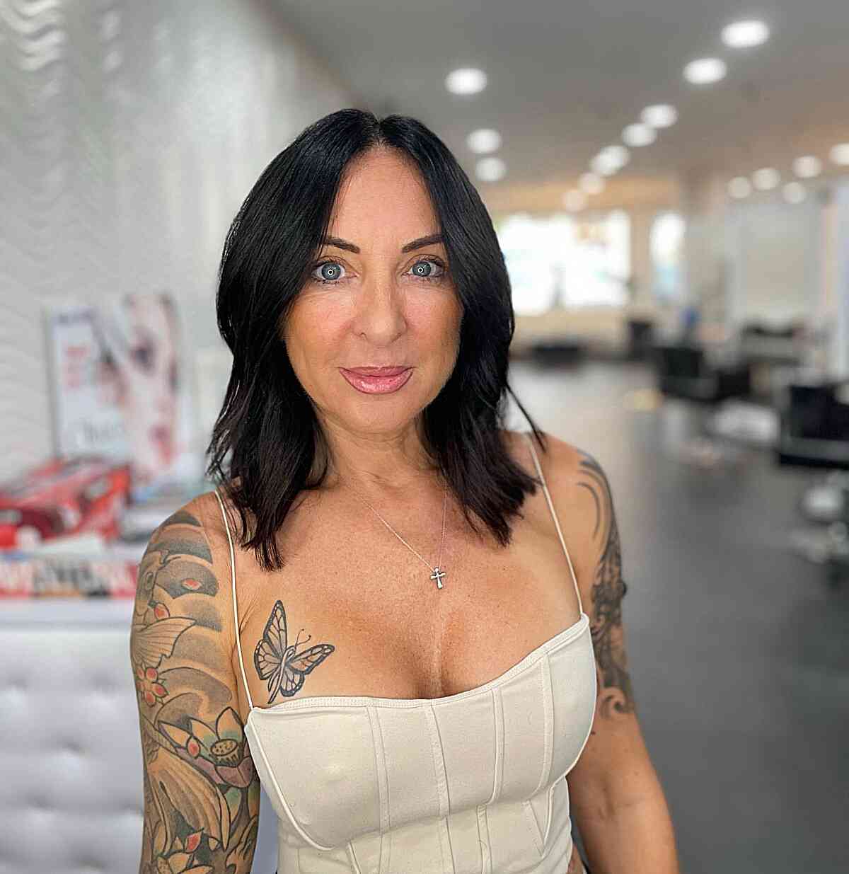 Simple Middle-Parted Jet Black Lob Hairstyle