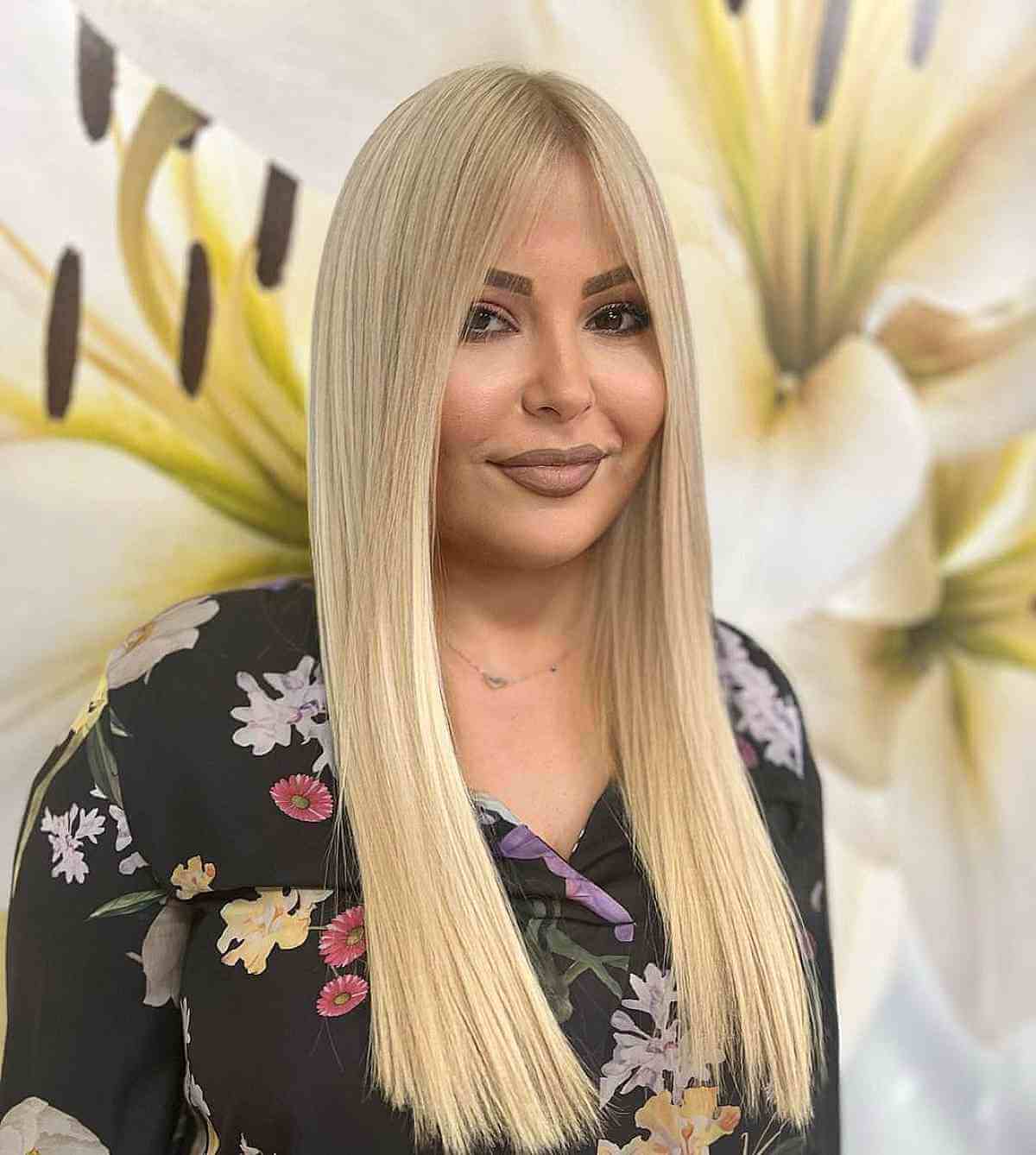 Sleek Long Blonde Hair Without Bangs for Round Faces