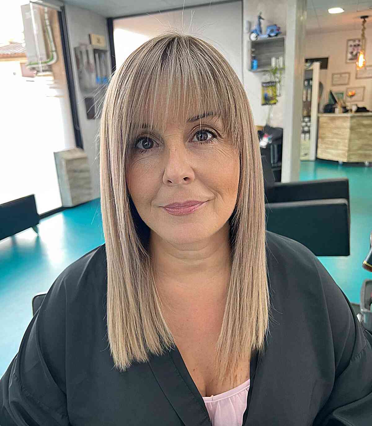 Sleek Medium Hair with See-Through Bangs for Ladies Over 50 with Finer Locks