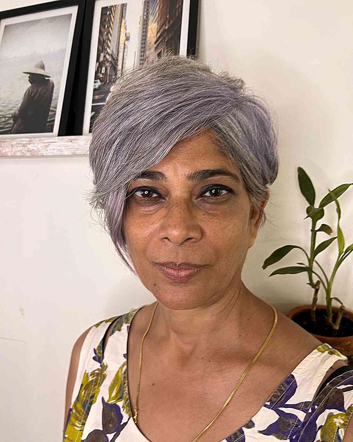 Smokey Silver Pixie Bob with Subtle Purple Tones for Older Women with Grey Hair