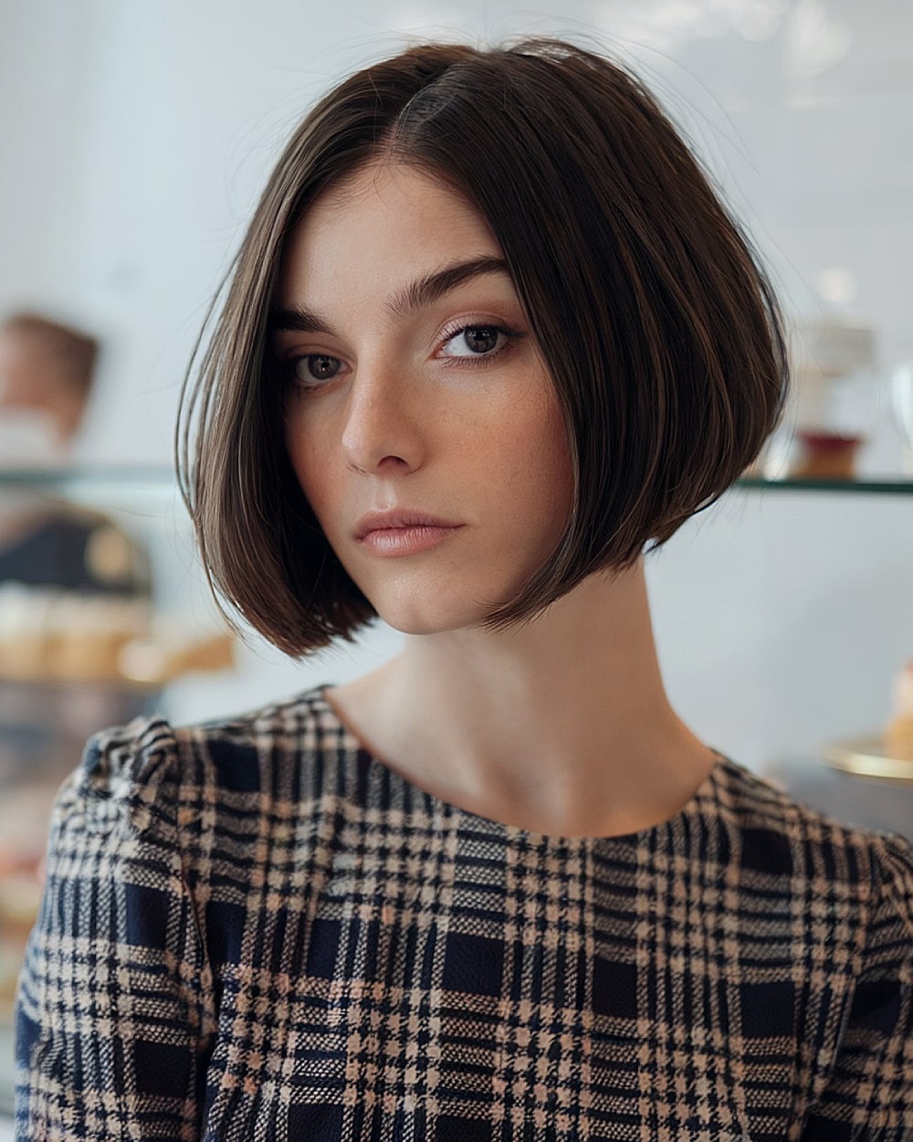 Structured pinch bob with blunt edges and subtle tapering for straight fine to medium hair