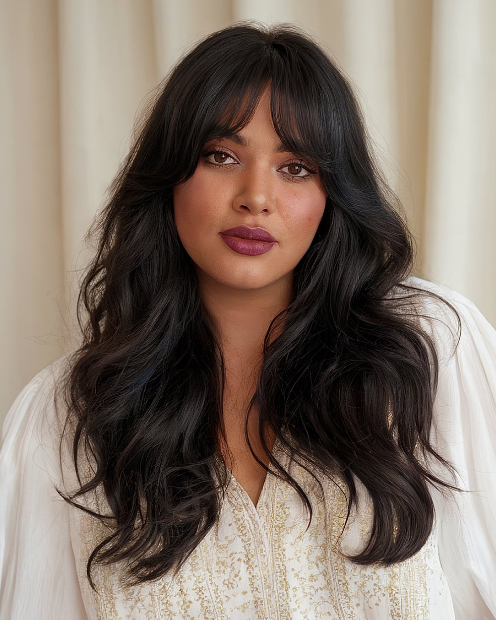 Layered long brown hair with soft curtain bangs ideal for round face balance