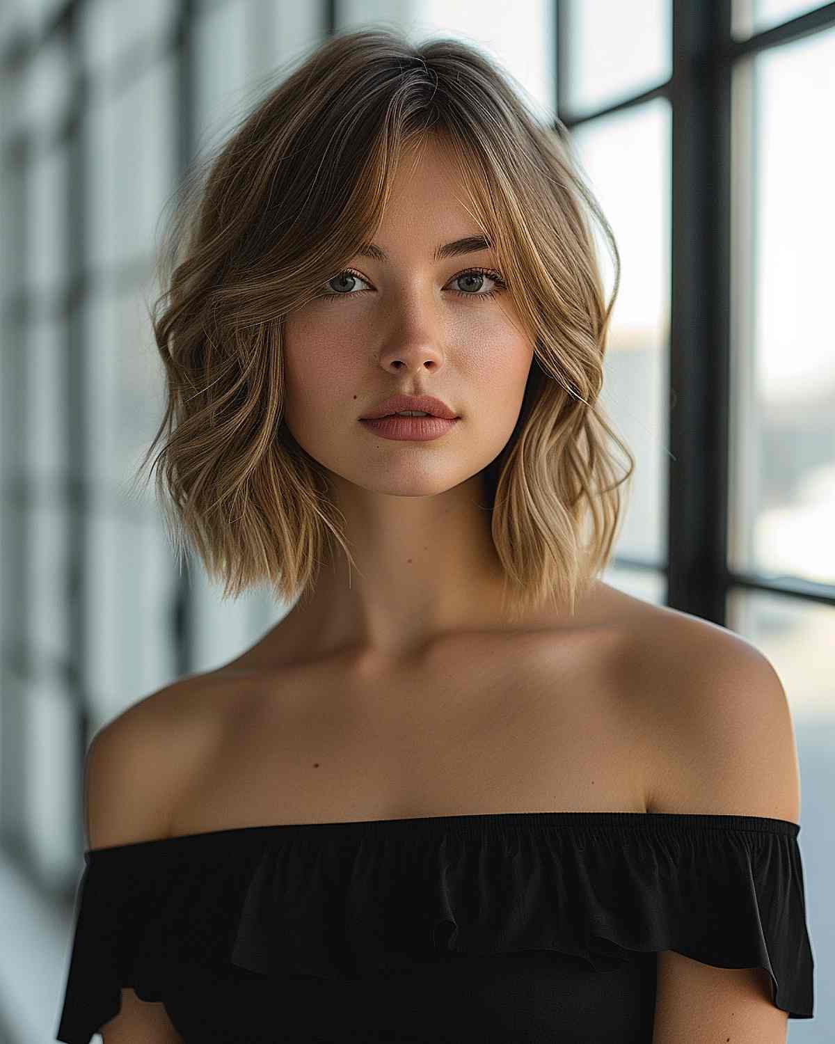 Soft layered blonde bob and side-swept bangs on Valentine’s Day