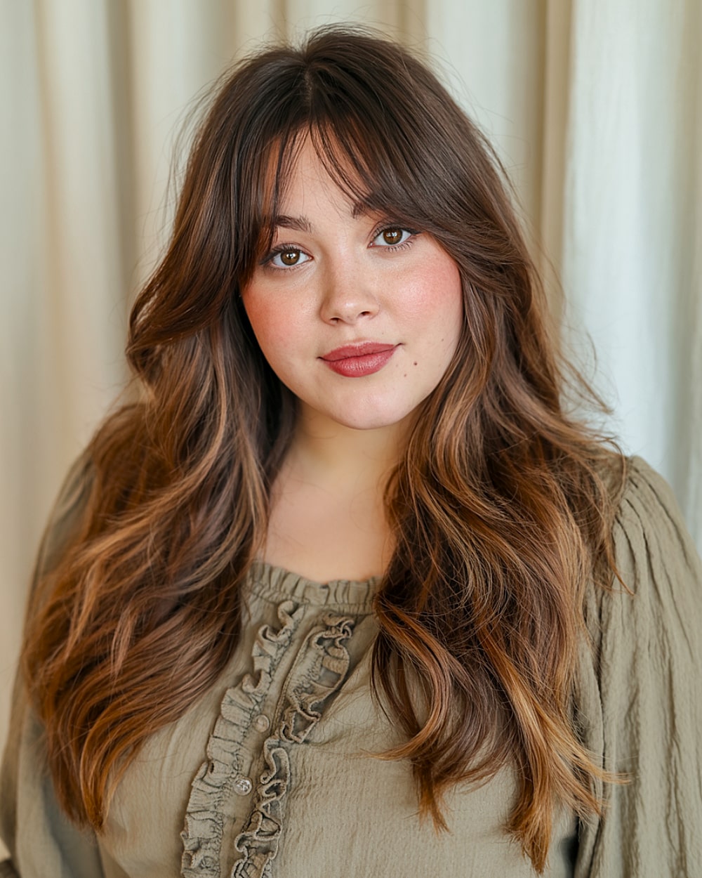 Long layered hair with soft wispy curtain bangs flattering a round face shape