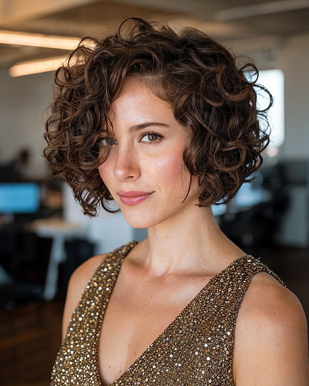 Bobbelle stacked curly bob with elegant curve and side-swept defined curls
