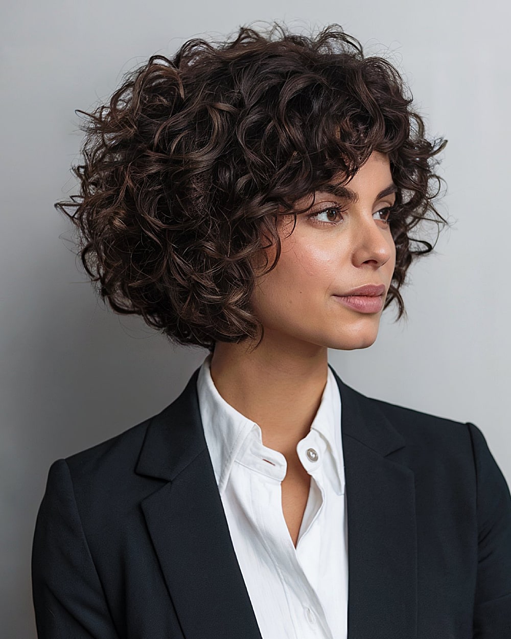 Curlcade stacked bob haircut with tight spiral curls and lifted back layers