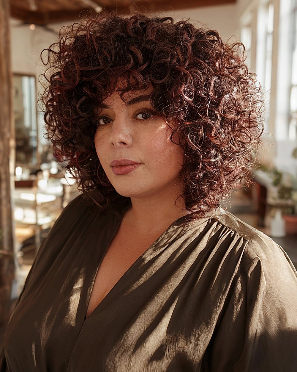 Stacked curly bob for round face with full curls and balanced volume around the cheeks