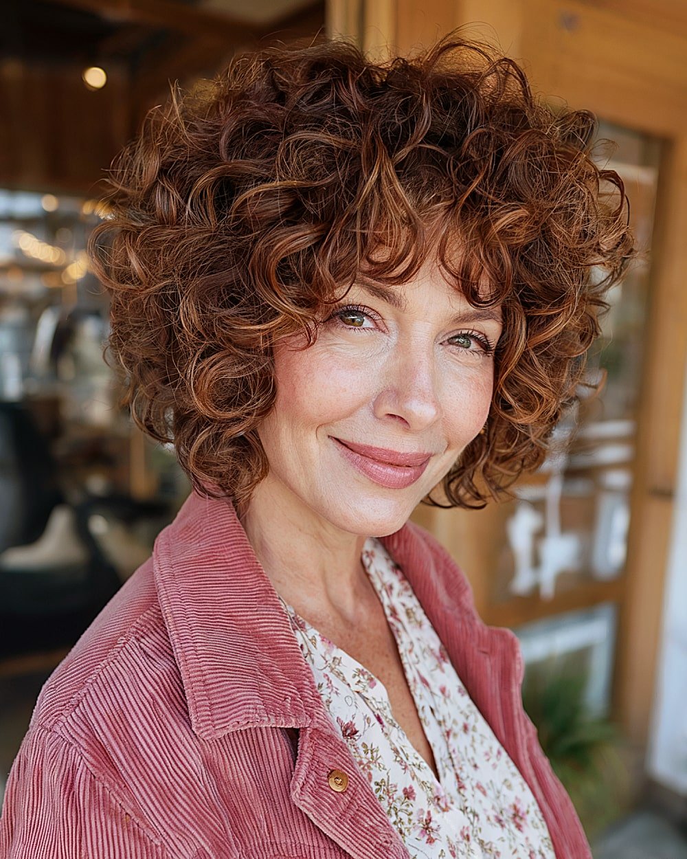 Stacked curly bob with bangs and rounded shape for tight, uniform curls