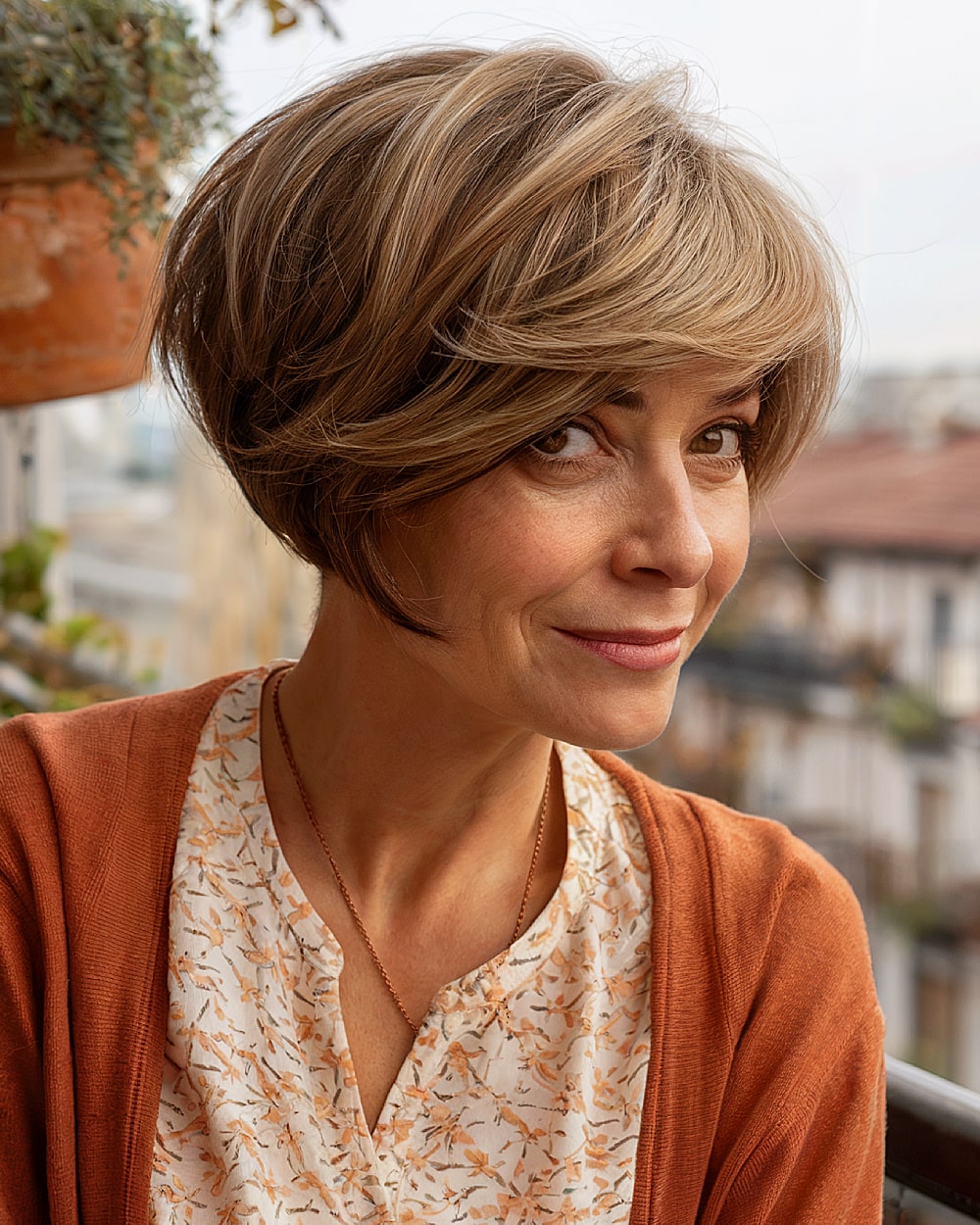 Stacked pixie bob with voluminous crown and smooth front layers for women over 40