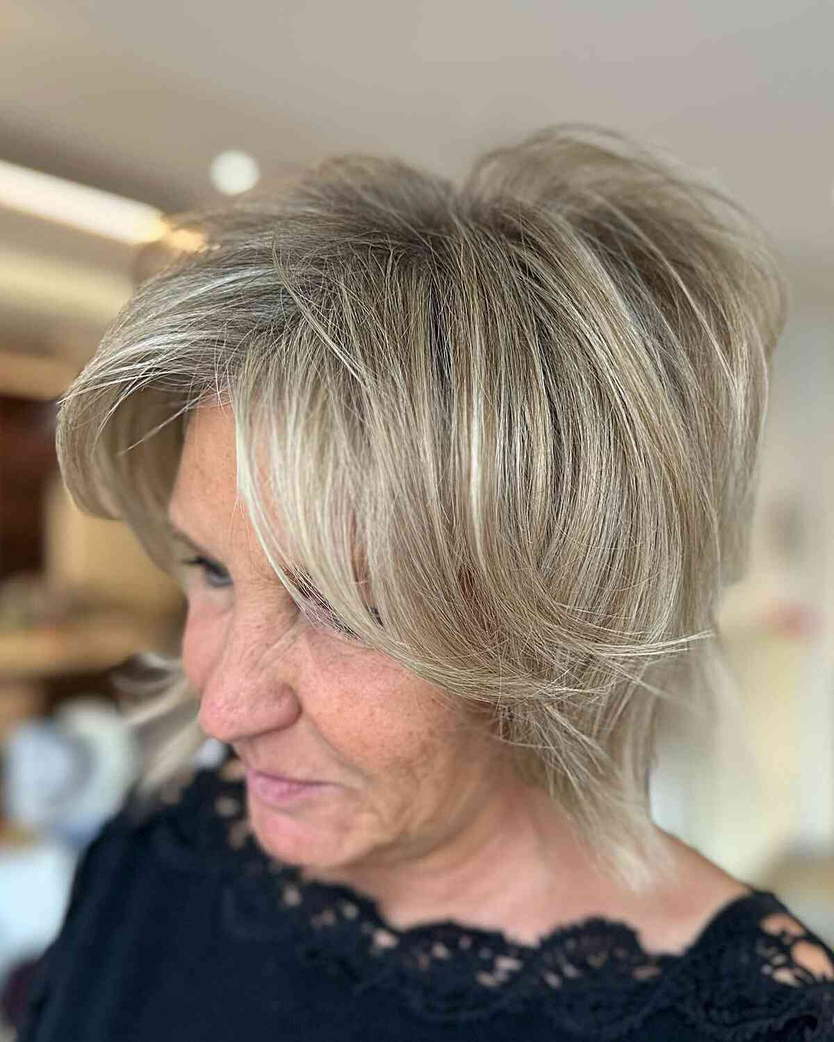 Stacked Short Hair with Long Bangs for women in their 60s